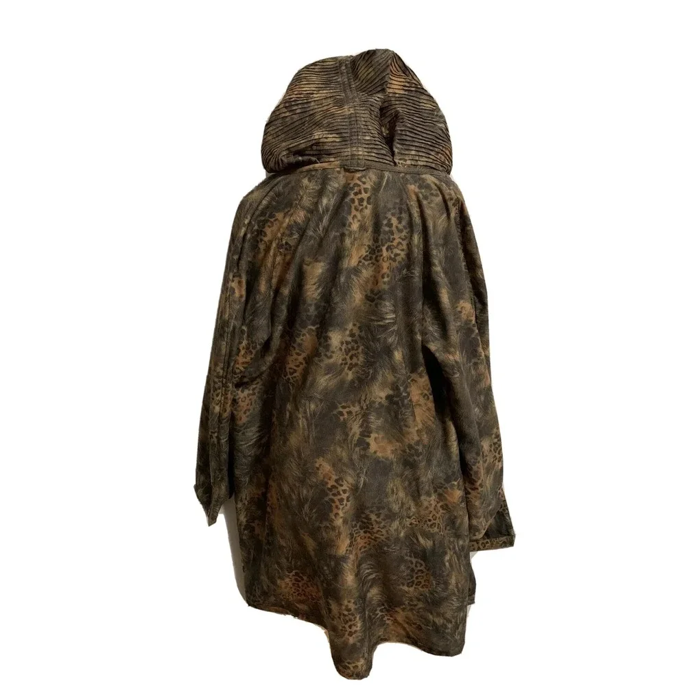 LINDI Women's Size Large Reversible Jacket‎ Coat Hooded Brown Animal Print